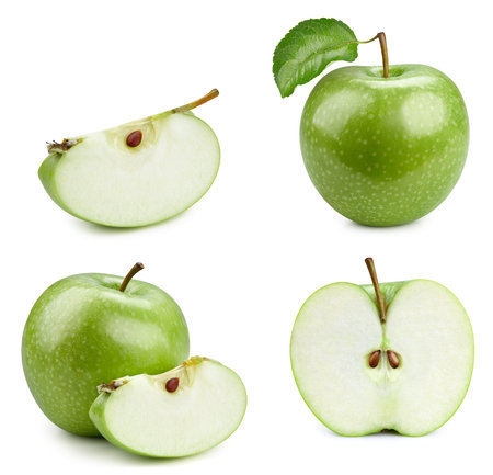 Ripe green apple with leaf and slice isolated on white background with clipping pathの写真素材
