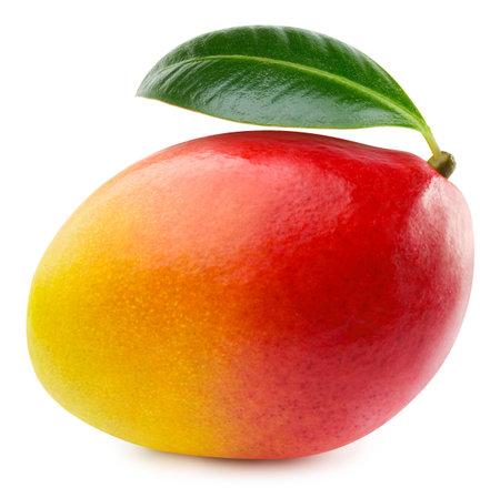 Mango Clipping Path. Ripe whole mango with green leaf isolated on white background. mango macro studio photoの写真素材