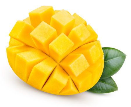 isolated mango. Fresh organic mango with leaves isolated clipping path. Mango macro studio photo.の写真素材