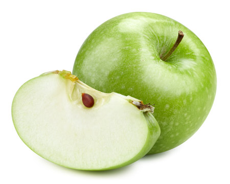 Ripe green apples isolated on white background. Apple macro studio photo. Apple Clipping Path.の写真素材