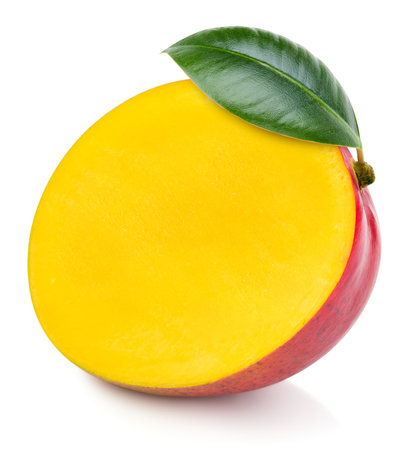isolated mango. Fresh organic mango with leaves isolated clipping path. Mango macro studio photo.の写真素材