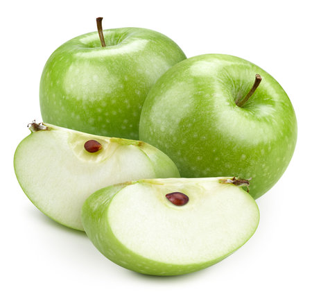 isolated apples. Two whole green apples and a slice isolated on white backgroundの写真素材
