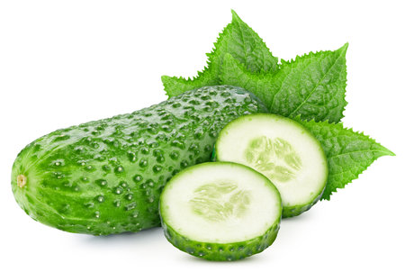 Cucumber with leaves isolated on white background. Cucumber for your design. Cucumber clipping pathの写真素材