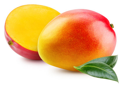 Fresh mango with leaves isolated on white background, mango on white background with clipping path..の写真素材
