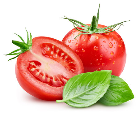 Tomato with drops. Wet tomato with leaves basil isolated on white background. Tomato with clipping pathの写真素材