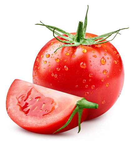 Wet tomato on a white background. Tomato with drops. Tomato clipping path.の写真素材