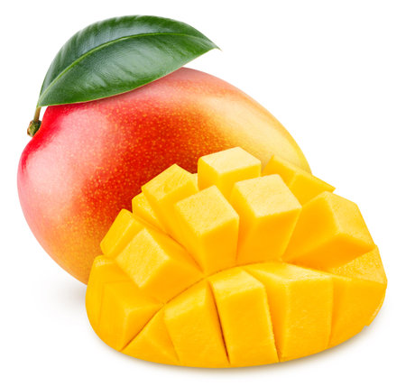 isolated mango. Fresh organic mango with leaves isolated clipping path. Mango macro studio photo.の写真素材