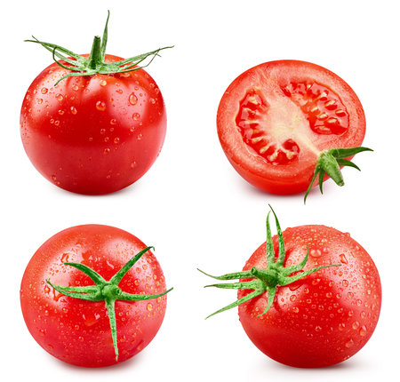 Isolated wet tomato. Tomato drop isolated on white background with clipping pathの写真素材