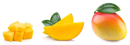 Set mango with a leaf exotic fruit with slice isolated on white background. Mango collection Clipping Pathの写真素材