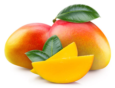Mango isolated on white background. Mango fruit clipping path. Mango slice macro studio photo.の写真素材