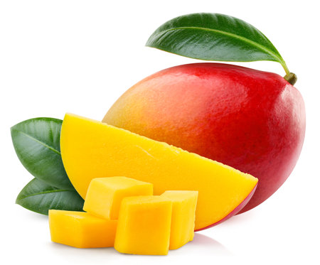 Mango whole and cubes in slice with leaf isolated on white background. Mango Clipping Path. Full depth of field..の写真素材