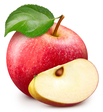 Red apple fruit with leaf isolate. Red apple leaves on white. Apple clipping path. High End Retouchingの写真素材