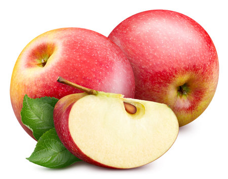 Red apple fruit with leaf isolate. Red apple leaves on white. Apple clipping path. High End Retouchingの写真素材