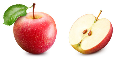 Red apple with leaves isolated. Apple on white background. Set of red appl with clipping pathの写真素材