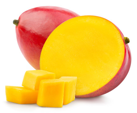 Mango fruit with cubes. Fresh organic Mango isolated on white background. Mango with clipping path.の写真素材