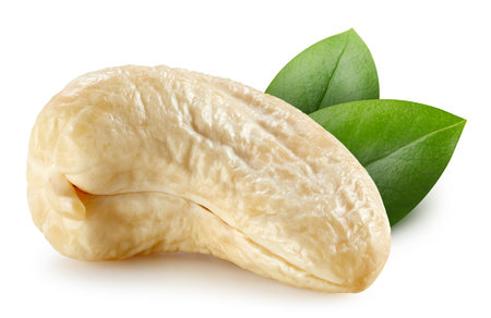 Cashew nuts with leaf isolated on white background with clipping path and full depth of fieldの写真素材