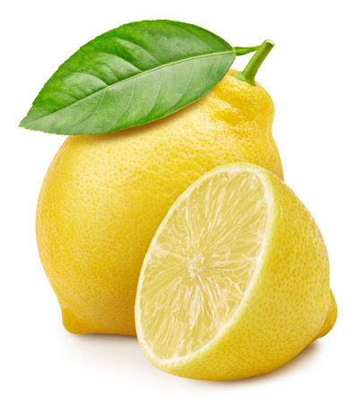 Lemon with leaf isolated on white background. Sliced lemon with leaves. Half lemon with clipping pathの写真素材