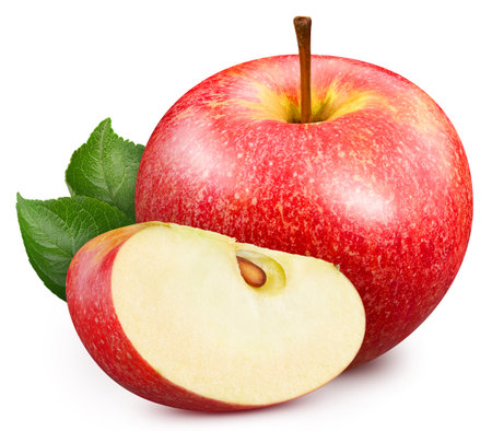 Red apple with leaves isolated. Apple on white background. Rred appl with clipping pathの写真素材