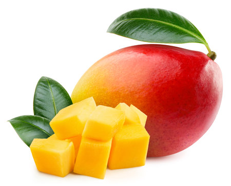 Mango fruit with cubes. Fresh organic Mango with leaves isolated on white background. Mango with clipping pathの写真素材