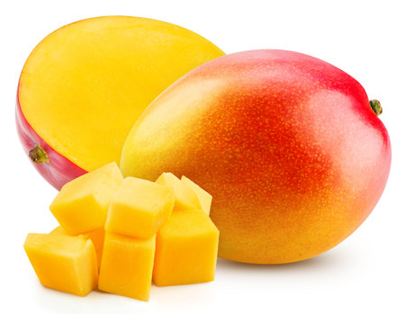 Mango fruit with cubes. Fresh organic Mango isolated on white background. Mango with clipping path.の写真素材