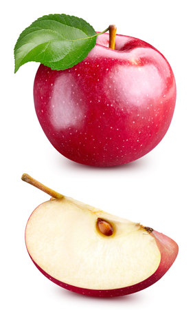 Red apple with leaves isolated. Apple on white background. Red appl with clipping pathの写真素材