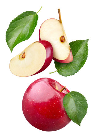 Red apple flying on white. Red apple collection isolated. Full depth of field. With clipping pathの写真素材