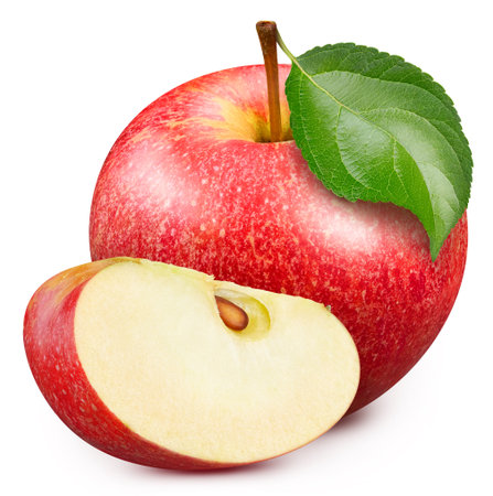 Red apple with leaf isolated on white background. Red apple with clipping pathの写真素材