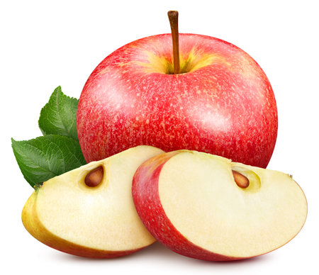 Red apple with leaf isolated on white background. Red apple with clipping pathの写真素材