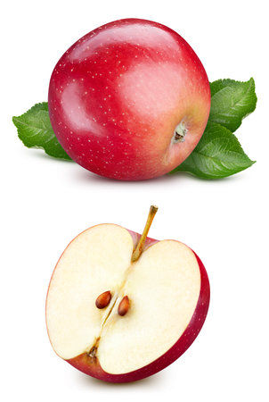 Red apple. Fresh organic apple with leaves isolated on white background. Apple with clipping pathの写真素材