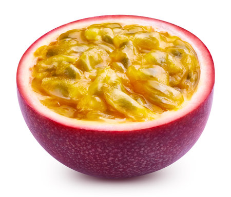 Purple passion fruit half isolated on white background. Isolated passionfruits maracuyaの写真素材