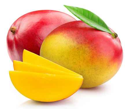 Isolated mango. Mango fruits and mango leaves isolated on white background with clipping pathの写真素材