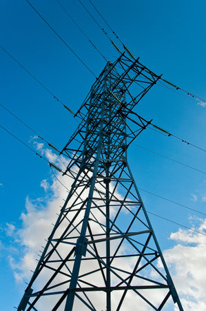 Electrical tower on blue sky backgroundの写真素材