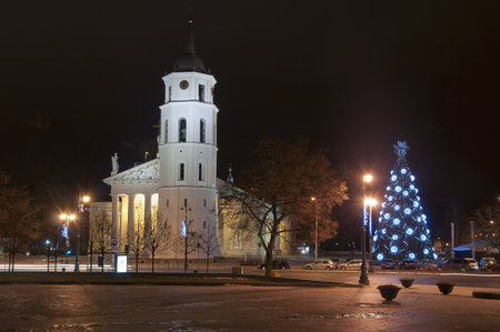 The main square and cathedral with belfry of Vilnius at night timeの写真素材