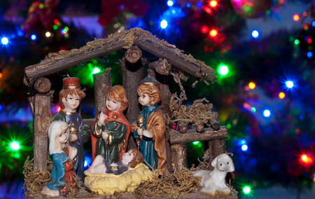 A christmas scene with detailed wooden figures.の写真素材