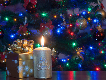 Christmas Tree and Christmas gift and candleの写真素材