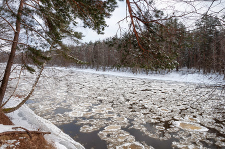 Ice drift on the riverの写真素材