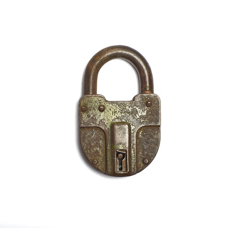 vintage iron padlock on white backgroundの写真素材