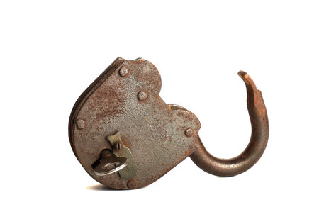 one vintage iron padlock with key isolated on white background
