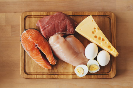 Tabletop photo of a wooden board with meat, cheese, chicken, fish and some boiled eggs on itの写真素材