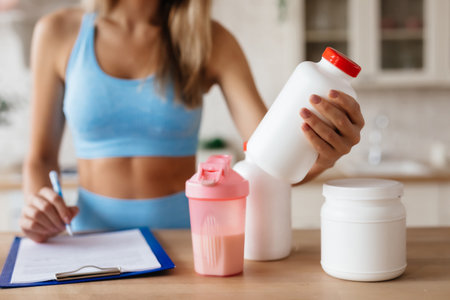 Copy-space photo of unrecognized young woman holding a blank white container for food supplements and standing in kitchenの写真素材