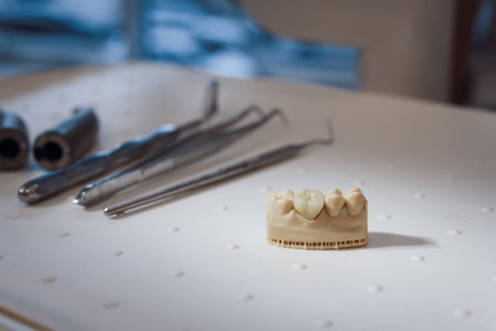Focus on plaster cast of teeth sample and dental tools on table in clinic, closeupの写真素材