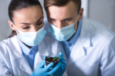 Reliable biologists. Two young smart perspective discoverers in a gauze masks and rubber gloves keeping and overlooking the glass with leaf and concentrating on it.の写真素材