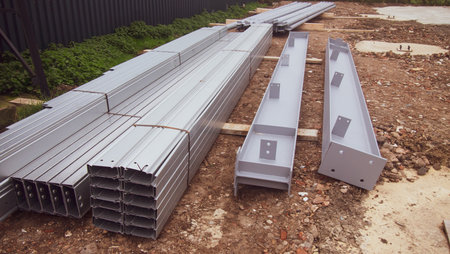 Metal frames lying on the floor, ready to be used for construction of building or railway tracks.