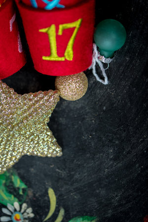 Decorated Christmas tree with advent calendar sweet pots.の写真素材