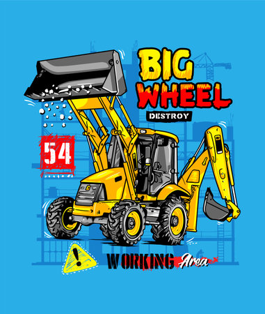 Typography hand-drawn construction machines with vector excavator illustration for boys and babies t-shirt graphic and other uses.のイラスト素材