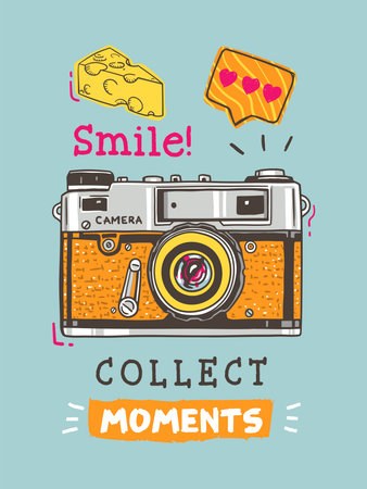 Cartoon retro camera hand drawn vector illustrationのイラスト素材