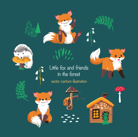 Little fox and friends in the forest. Cartoon vector illustrationのイラスト素材