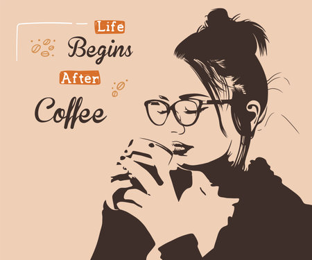 Pretty girl wearing glasses enjoying a cup of coffeeのイラスト素材