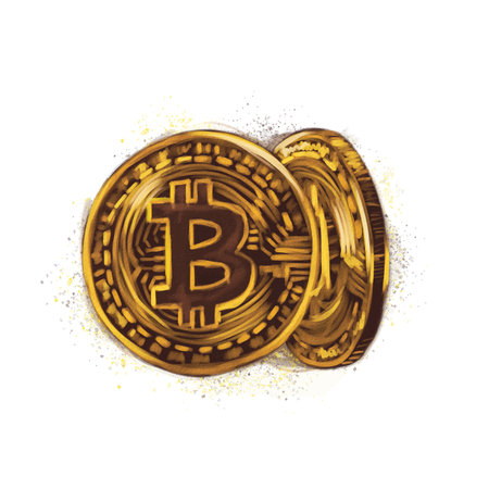 Gold bitcoin coins. Cryptocurrency gold coin bitcoin symbol vector illustration