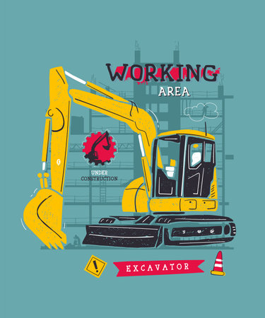 Big yellow excavator in construction worker environment, vector illustrationのイラスト素材